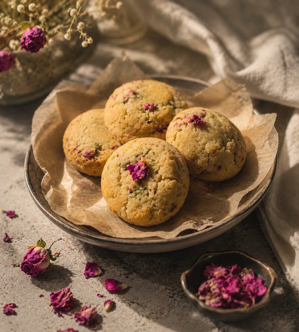 The Damascene — rose & pistachio cookie with Damascene flower petals